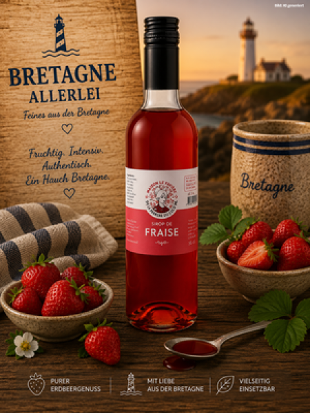 Erdbeersirup in Glasflasche neben frischen Erdbeeren